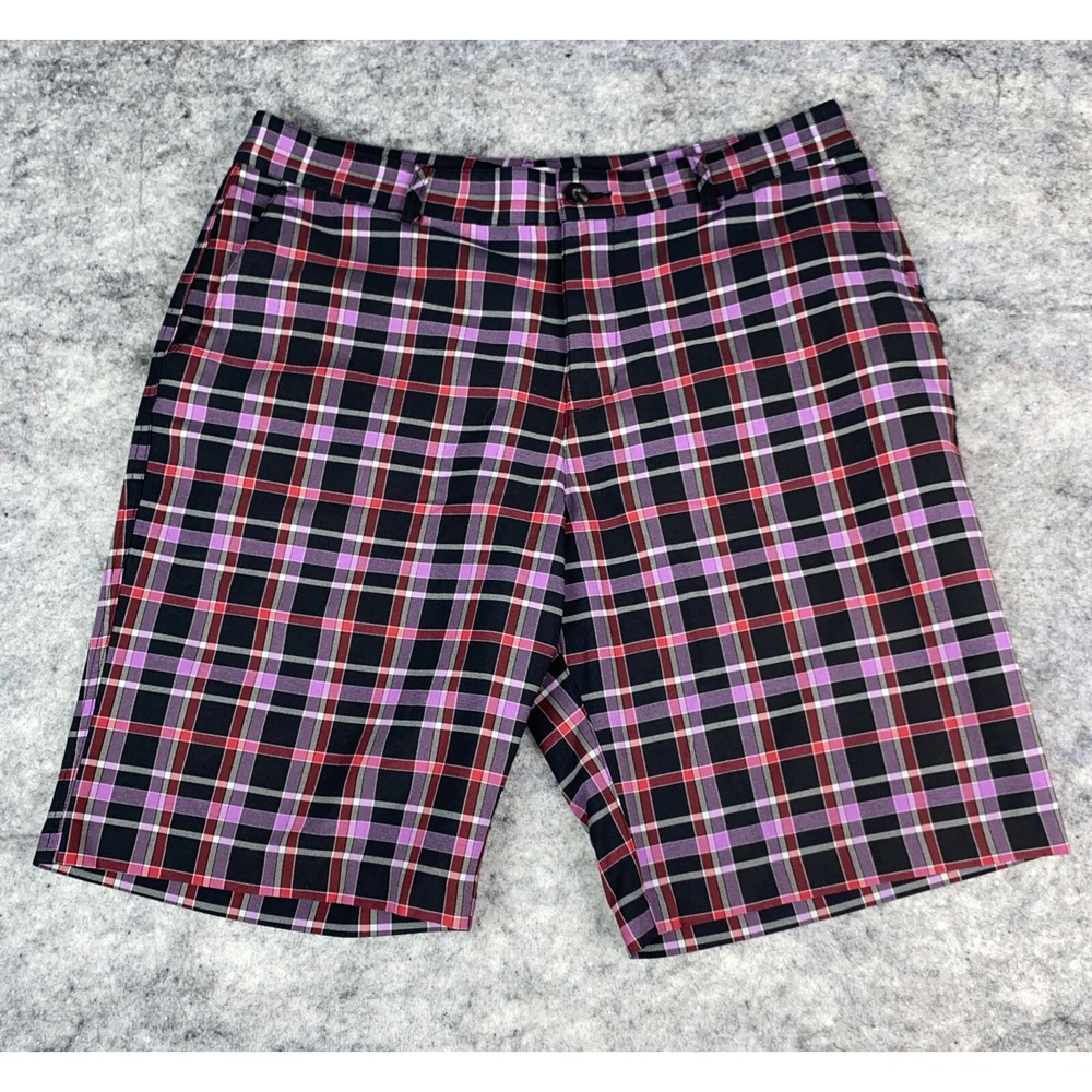 Adidas Chino Golf Shorts Mens 34 Black Purple Plaid Performance Tech Casual